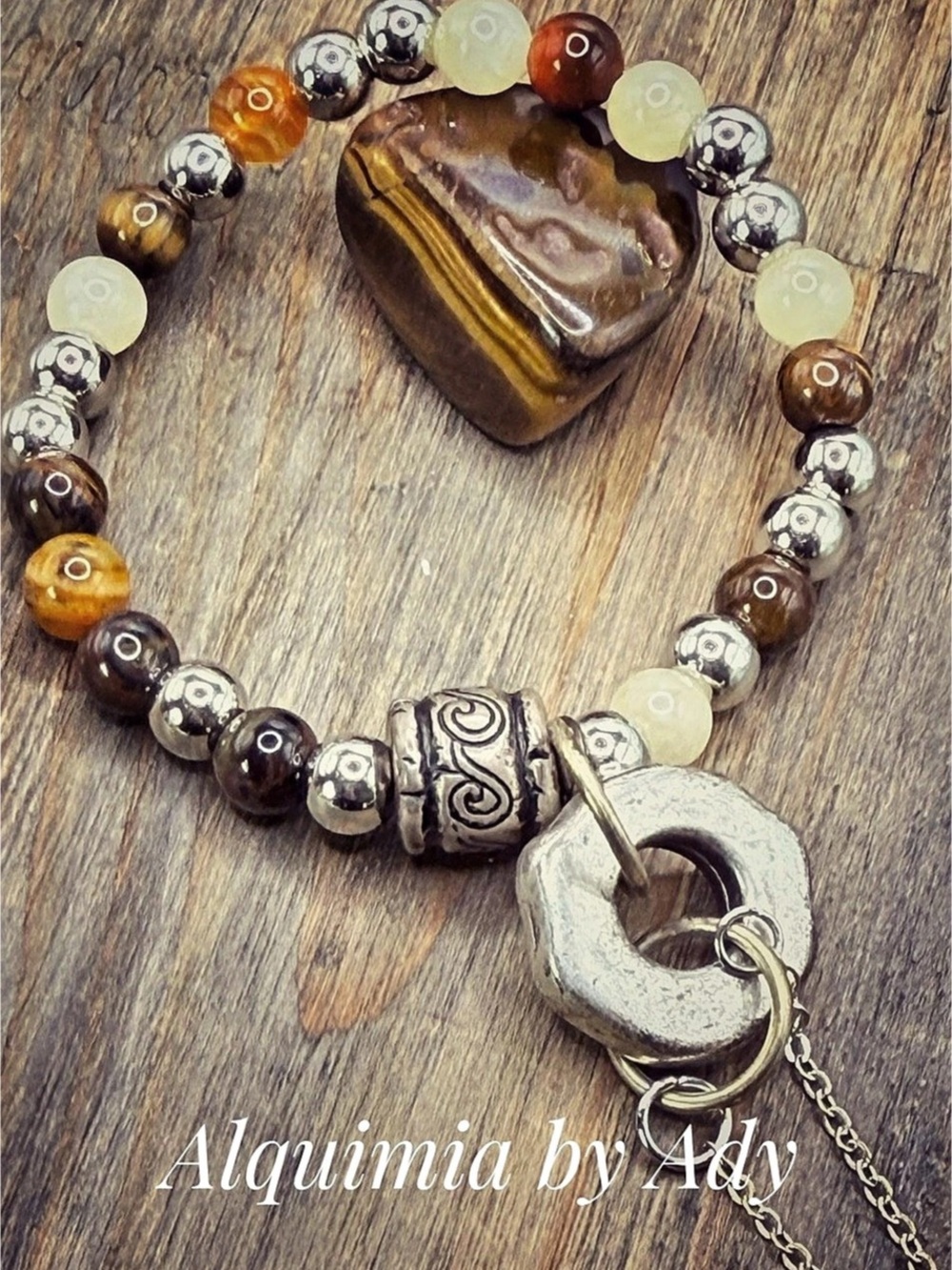 Beaded Stone Bracelet in Brown & Gray + agate+ Tigers eye